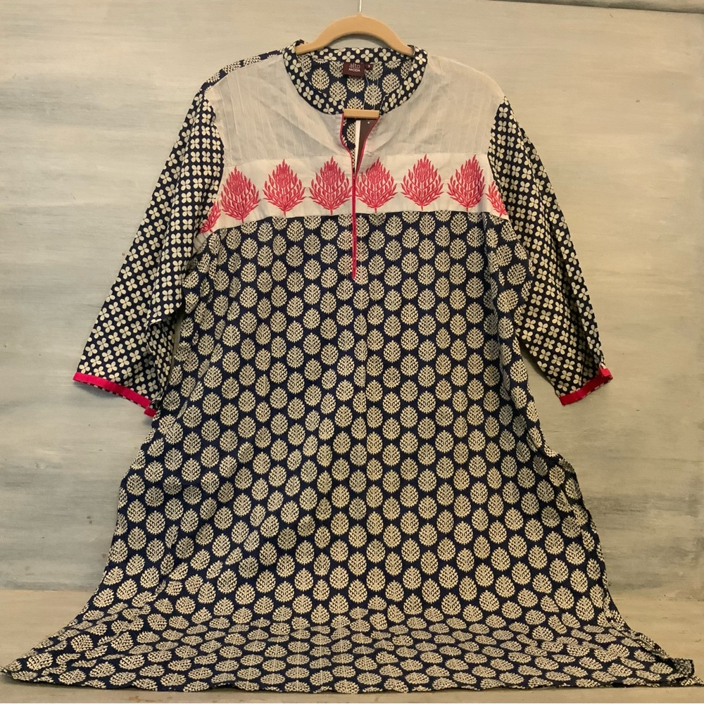 alto Moda Tunic Dress Navy Blue Hot Pink Leaf Print‎ 3/4 sleeve  New with Tags